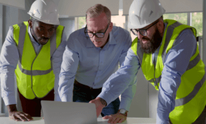 Three people looking at a laptop. Two of which are wearing hard hats.