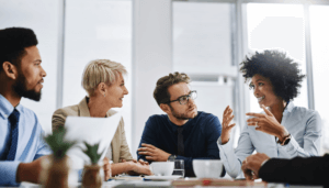 A group of people discussing something.